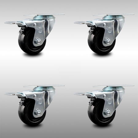Service Caster 3.5 Inch SS Hard Rubber Wheel Swivel Top Plate Caster Set with Total Lock Brake SCC-SSTTL20S3514-HRS-4